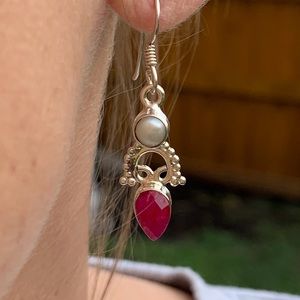 STERLING SILVER RUBY & PEARL EARRINGS